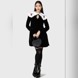 Killstar Black Velvet Dress with White Collar